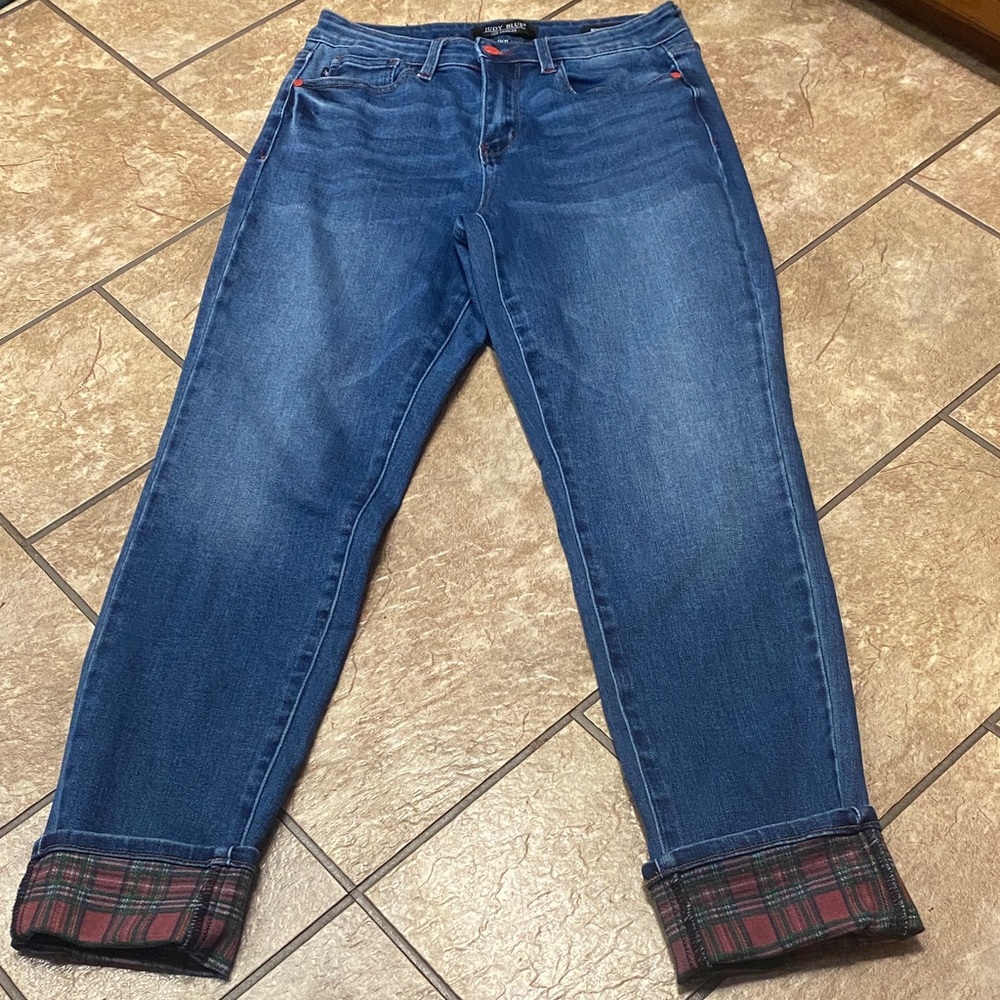 Judy Blue Dark Blue Boyfriend Jeans with Red Accents/Plaid Cuff 7/28